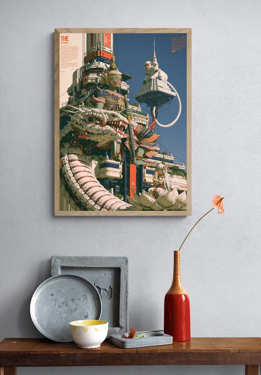 Mythic Cyber Temple Illustration Poster. — room view 3