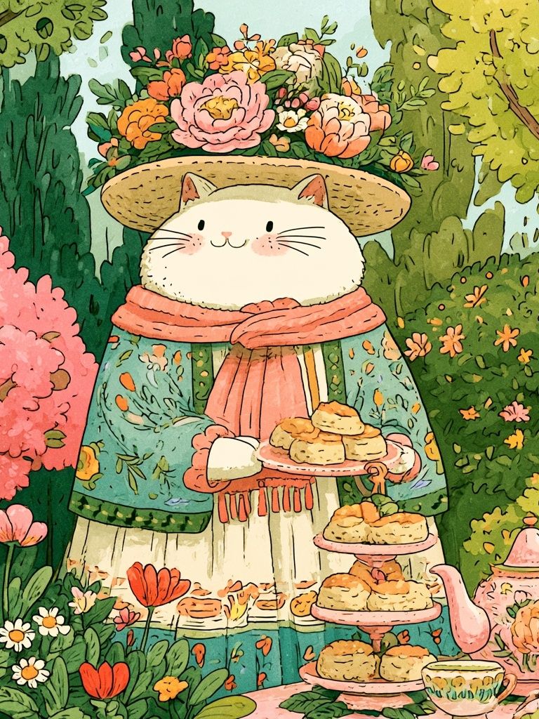 Garden Cat Tea Party Illustration Poster. poster detail