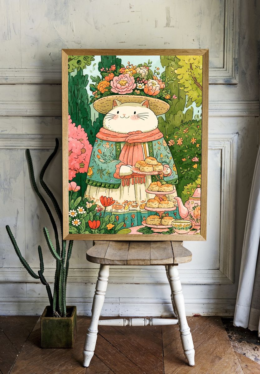 Garden Cat Tea Party Illustration Poster. room preview