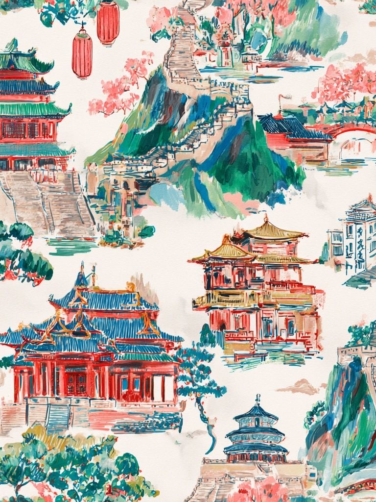 Chinese Temple Landscape Illustration Print. poster — illustration art