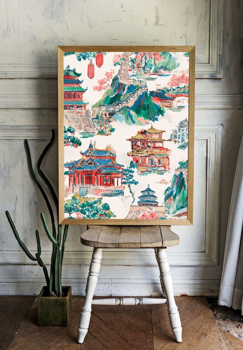 Chinese Temple Landscape Illustration Print. — room view 1