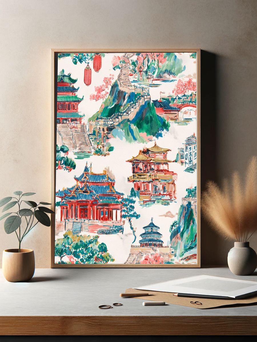 Chinese Temple Landscape Illustration Print. — room view 2