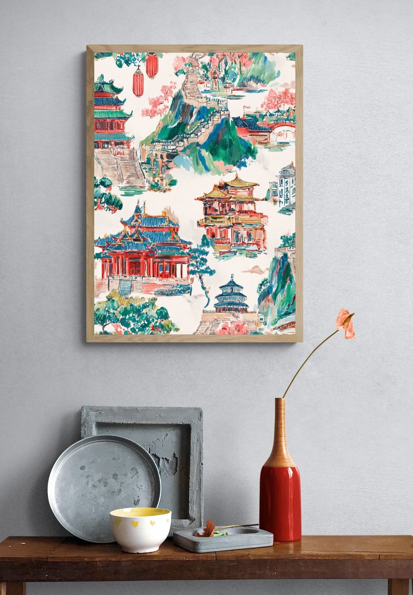 Chinese Temple Landscape Illustration Print. — room view 3