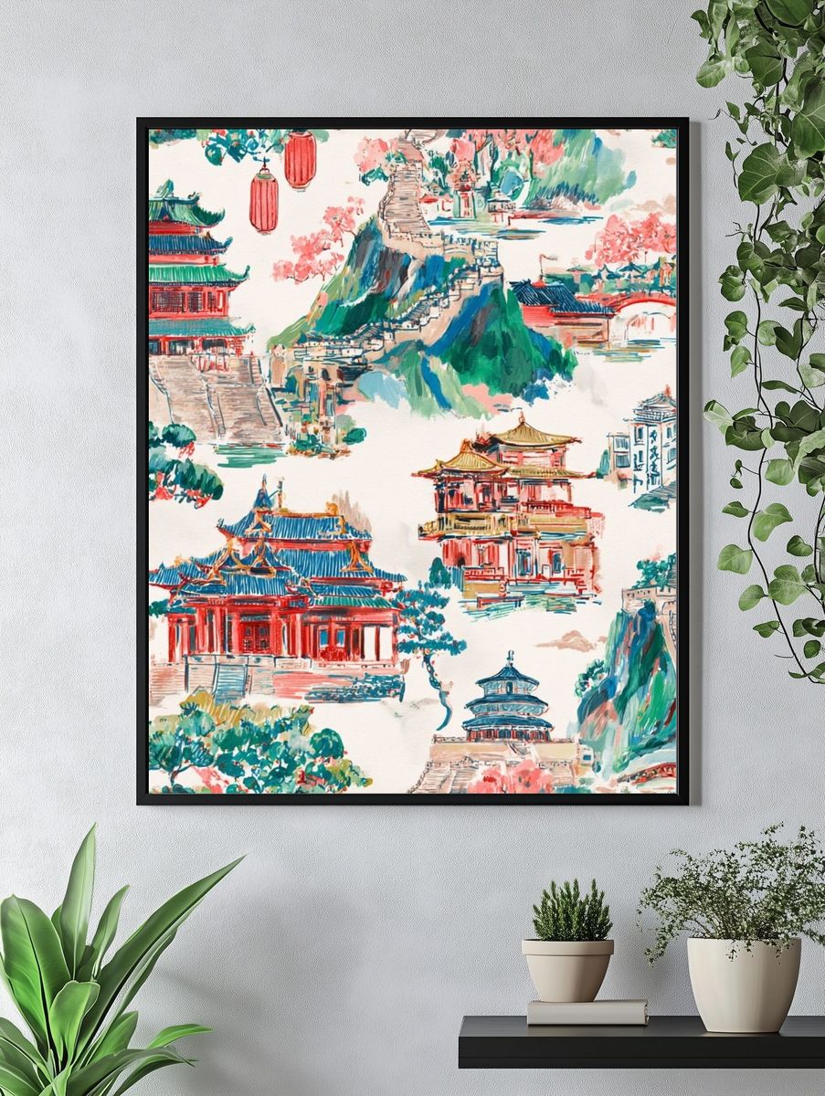 Chinese Temple Landscape Illustration Print. — room view 4