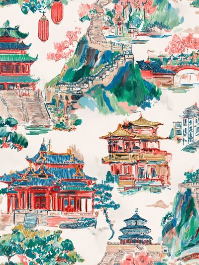 Chinese Temple Landscape Illustration Print. poster