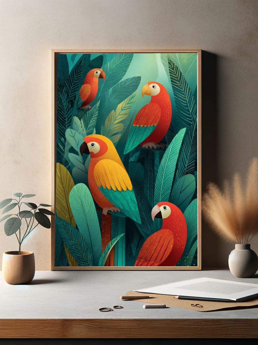 Tropical Parrots Illustration Poster. — room view 2