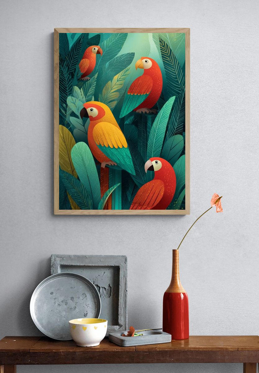 Tropical Parrots Illustration Poster. — room view 3