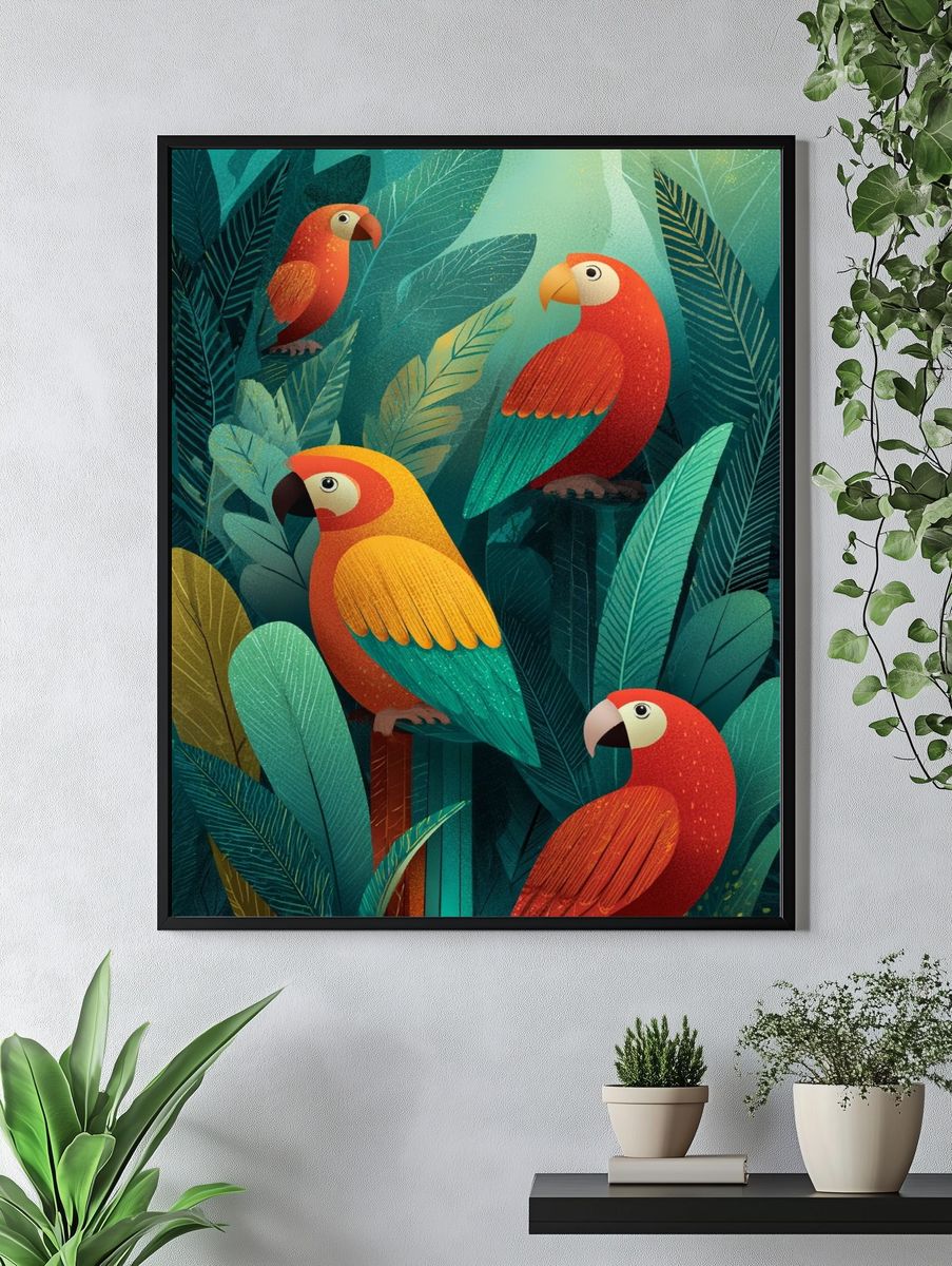 Tropical Parrots Illustration Poster. — room view 4