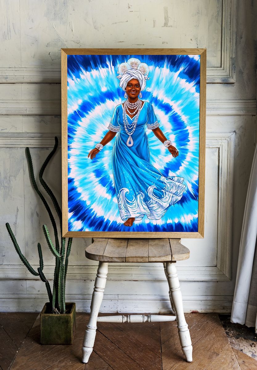 Blue Goddess Tie-Dye Illustration Poster. room preview