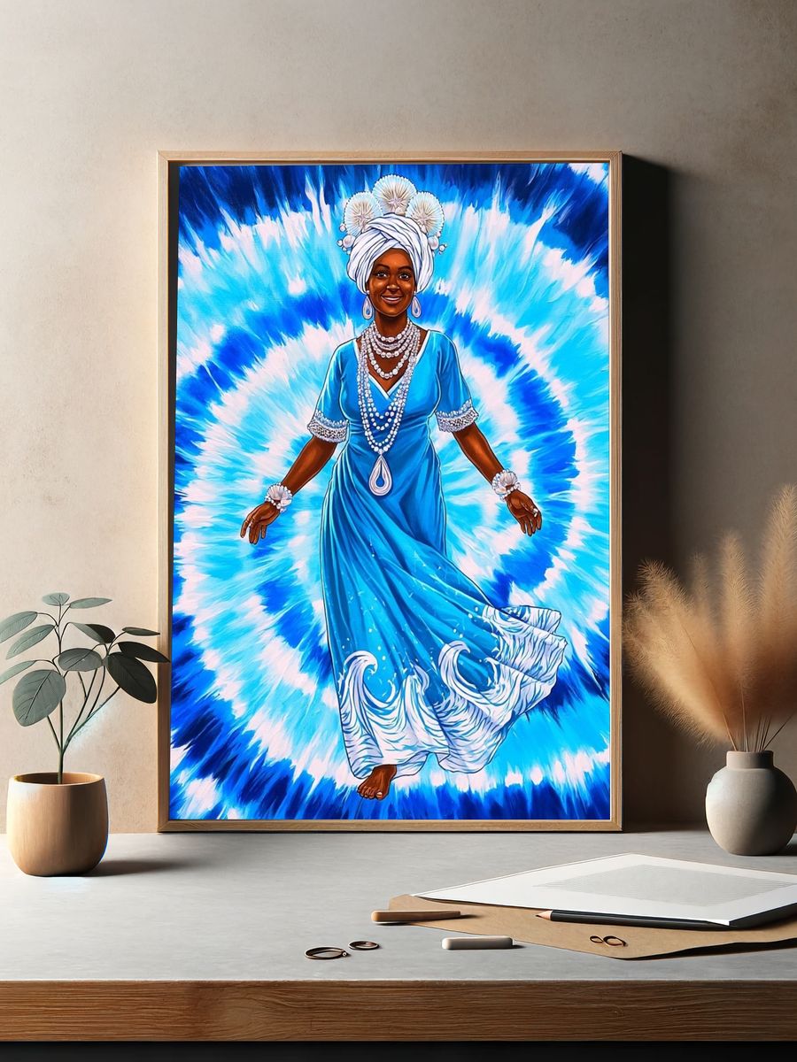 Blue Goddess Tie-Dye Illustration Poster. — room view 2