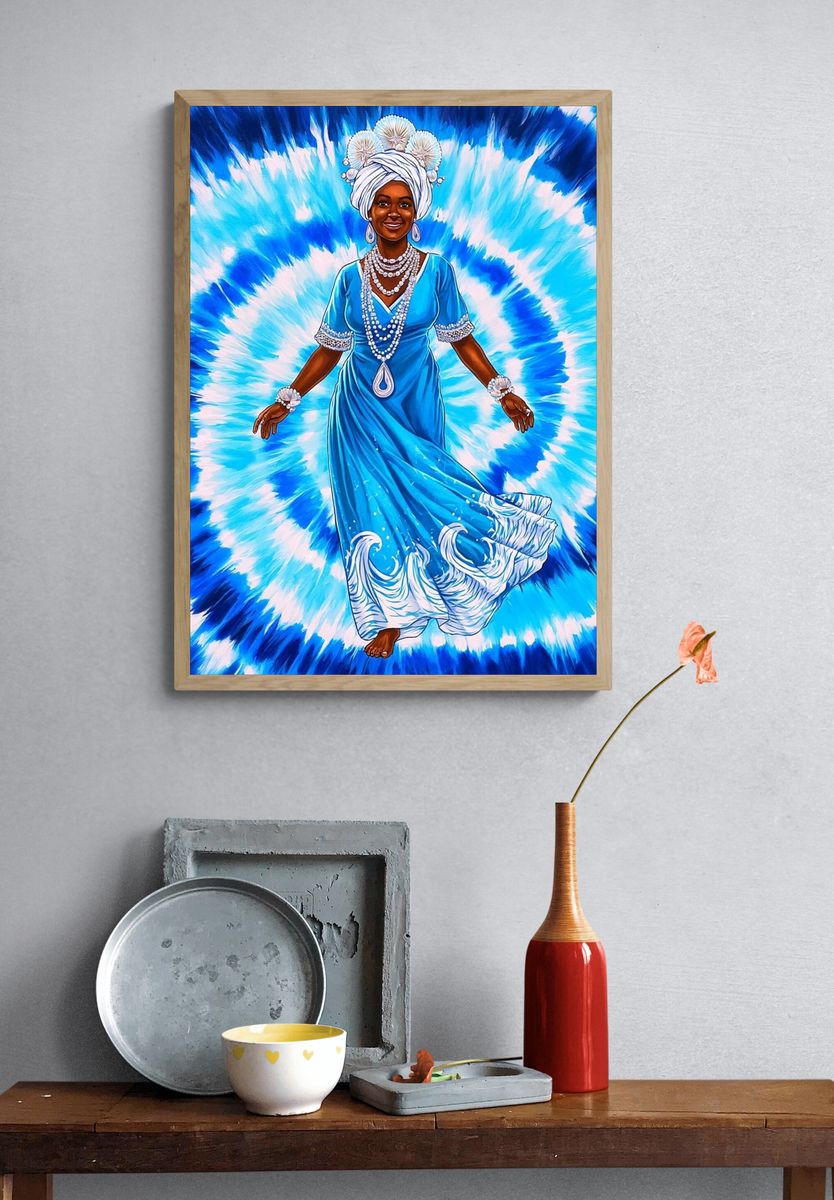 Blue Goddess Tie-Dye Illustration Poster. — room view 3