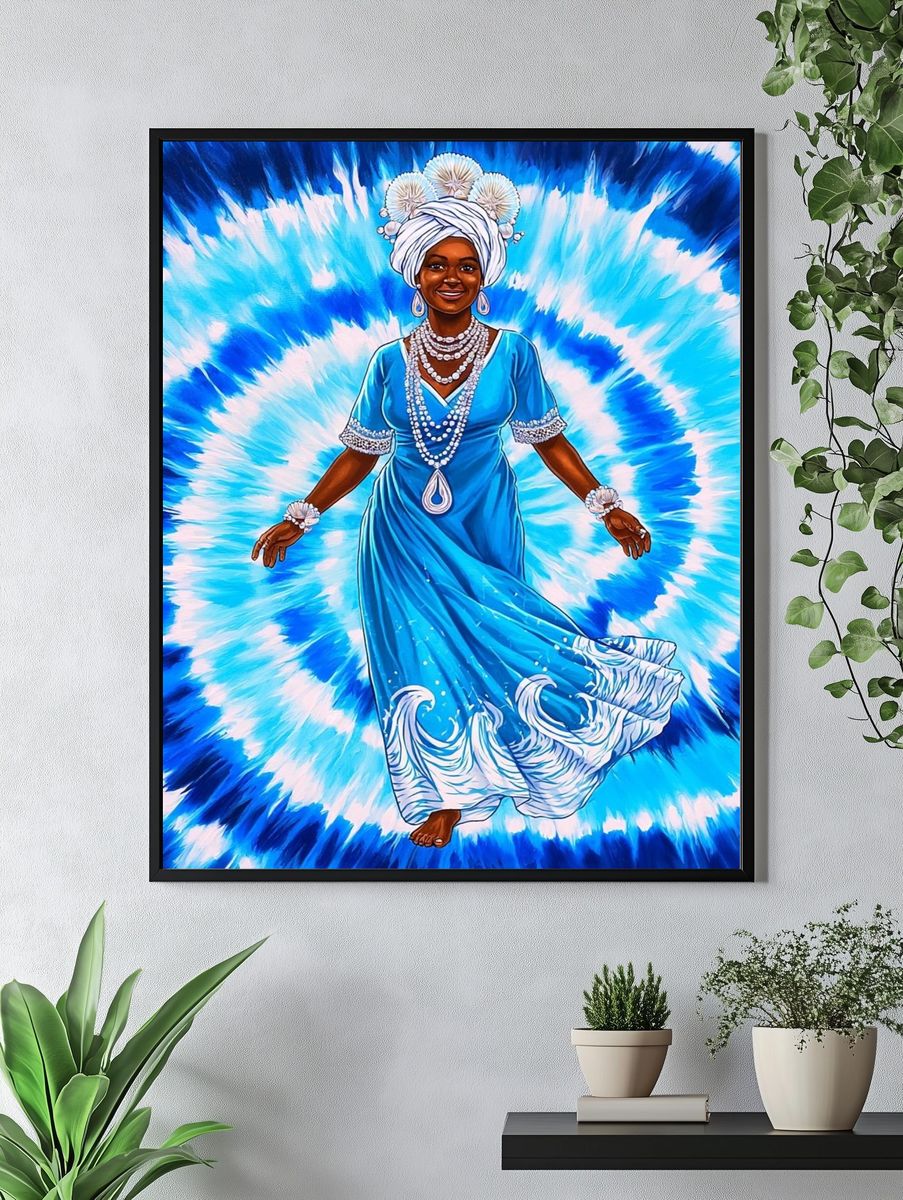 Blue Goddess Tie-Dye Illustration Poster. — room view 4