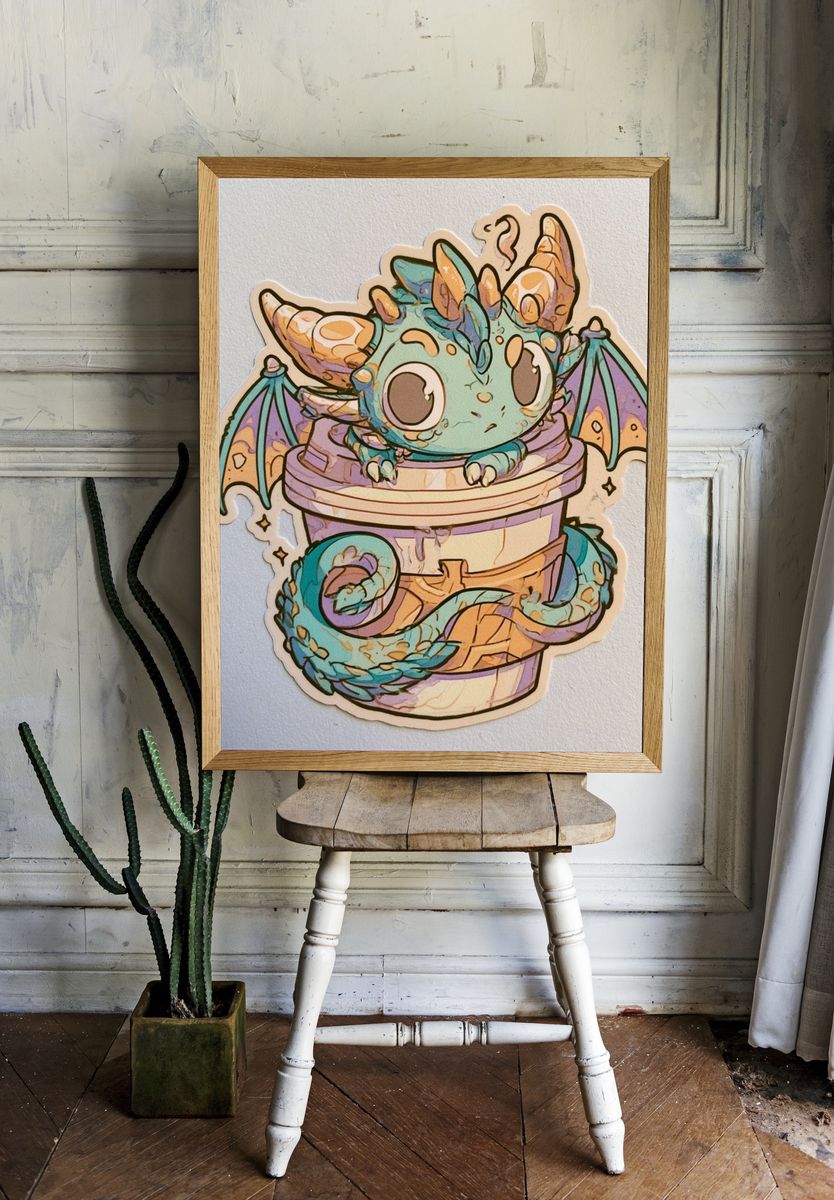 Cute Dragon in Cup Illustration Poster. room preview