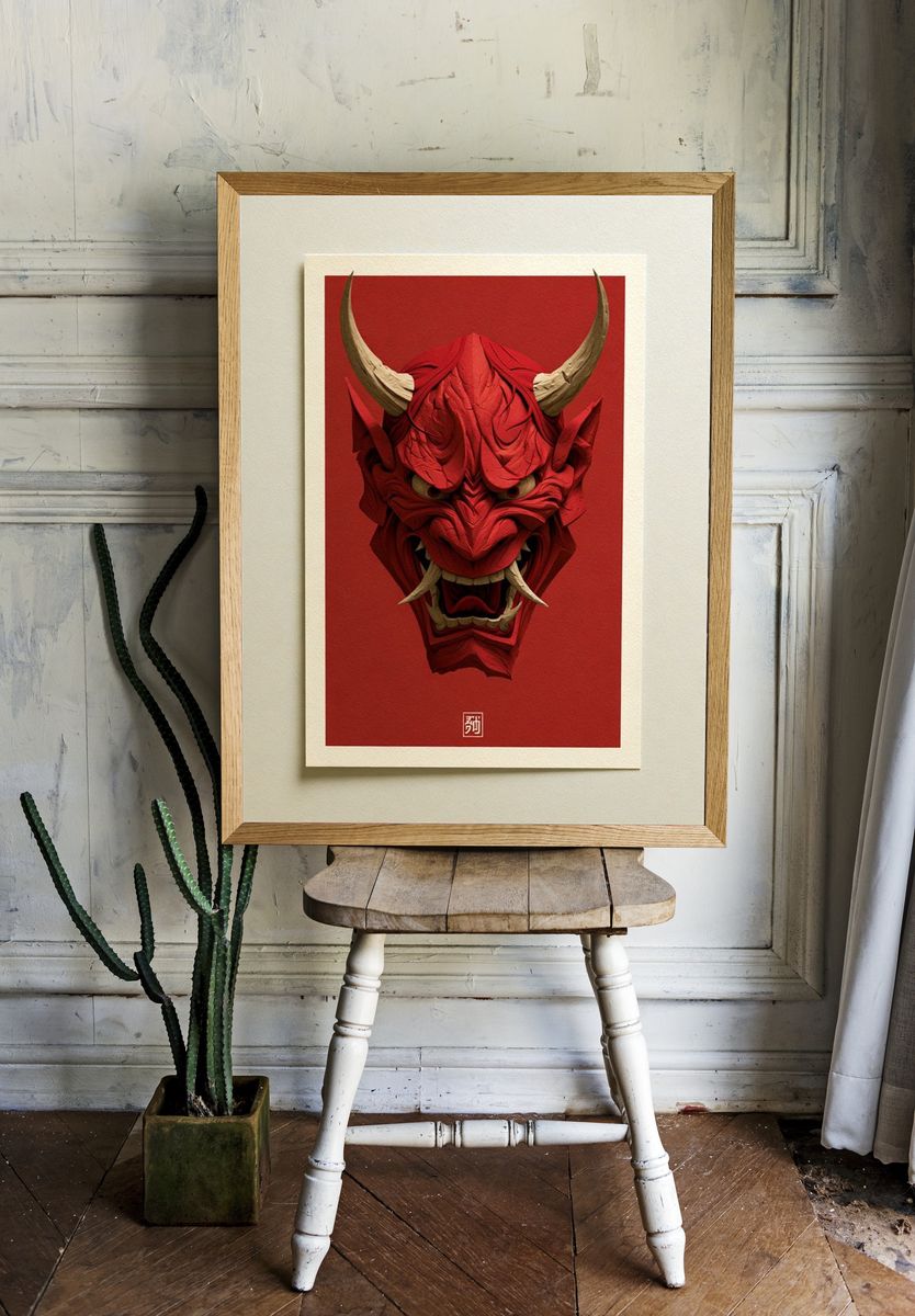 Red Oni Mask Illustration Poster. — room view 1