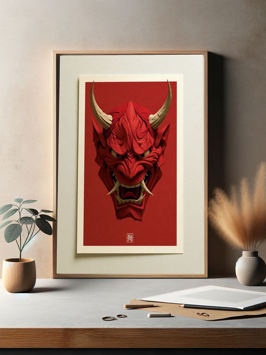 Red Oni Mask Illustration Poster. — room view 2