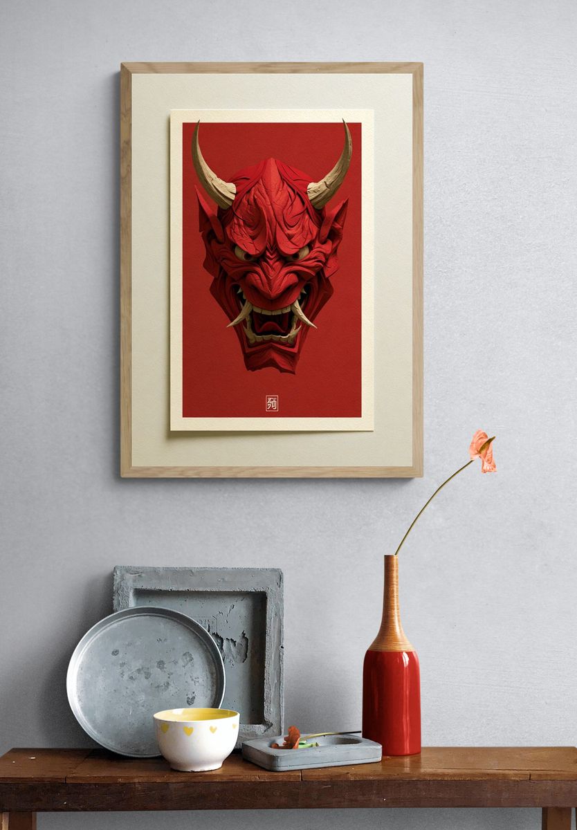 Red Oni Mask Illustration Poster. — room view 3
