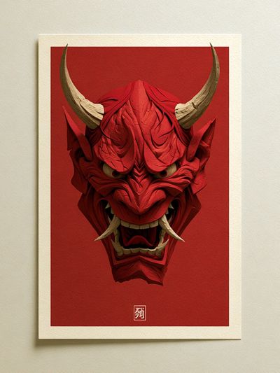 Red Oni Mask Illustration Poster. poster print