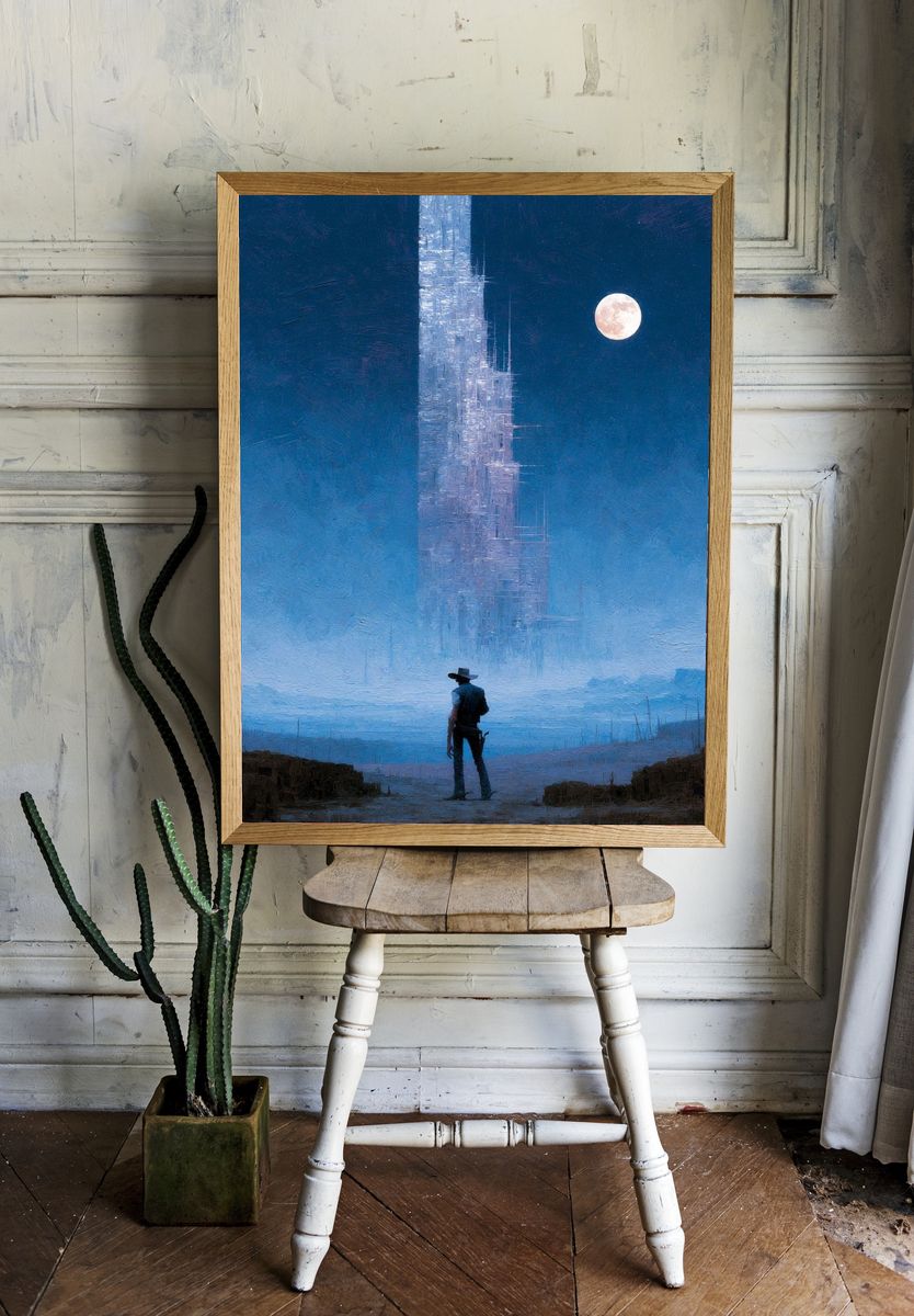Lone Cowboy Under Moonlight Print. room preview