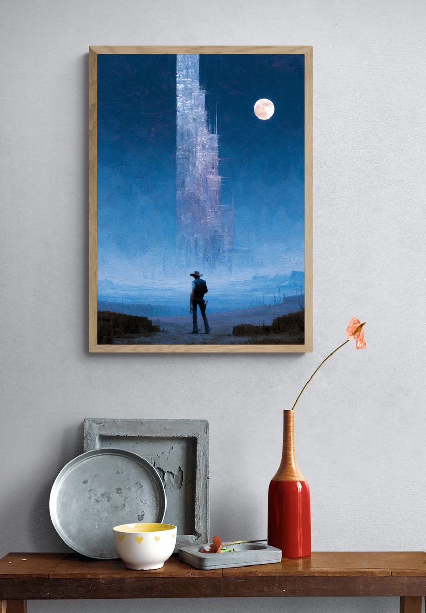 Lone Cowboy Under Moonlight Print. — room view 3