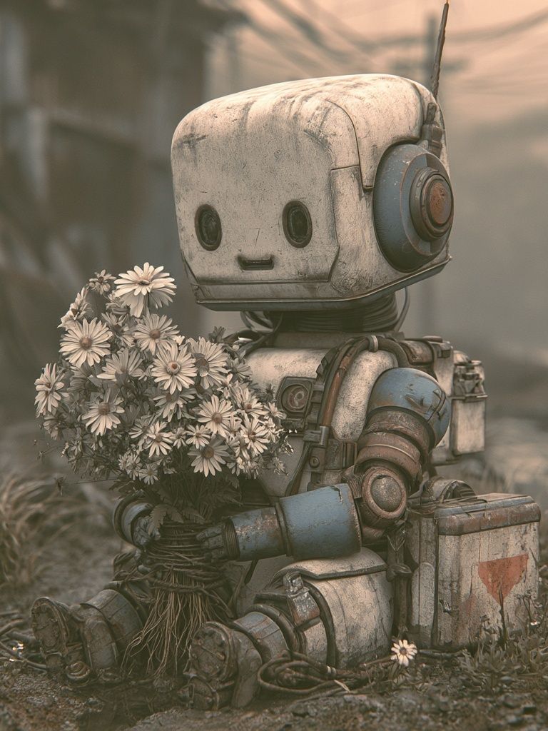 Robot with Flowers Illustration Poster. poster — illustration art