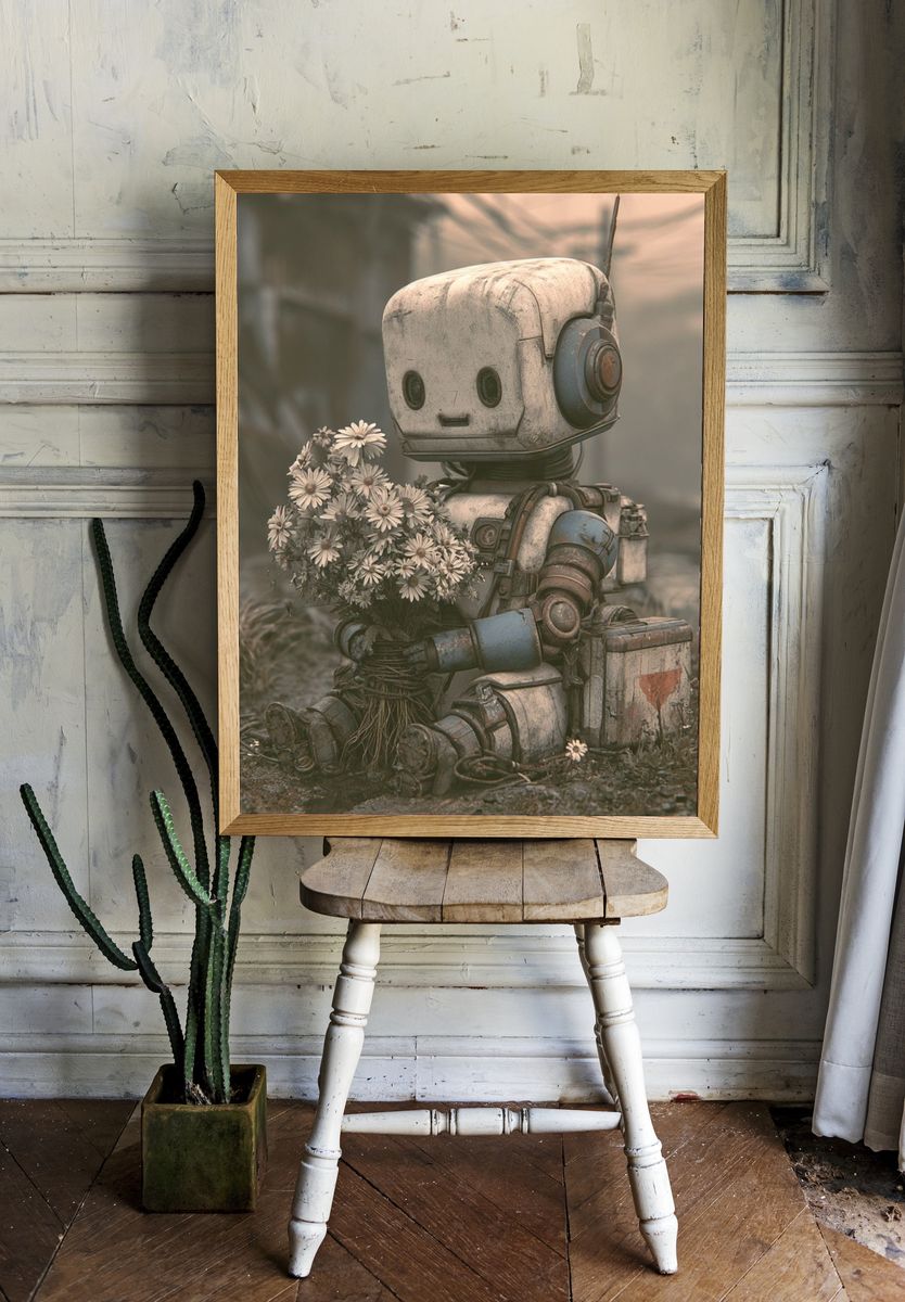 Robot with Flowers Illustration Poster. — room view 1