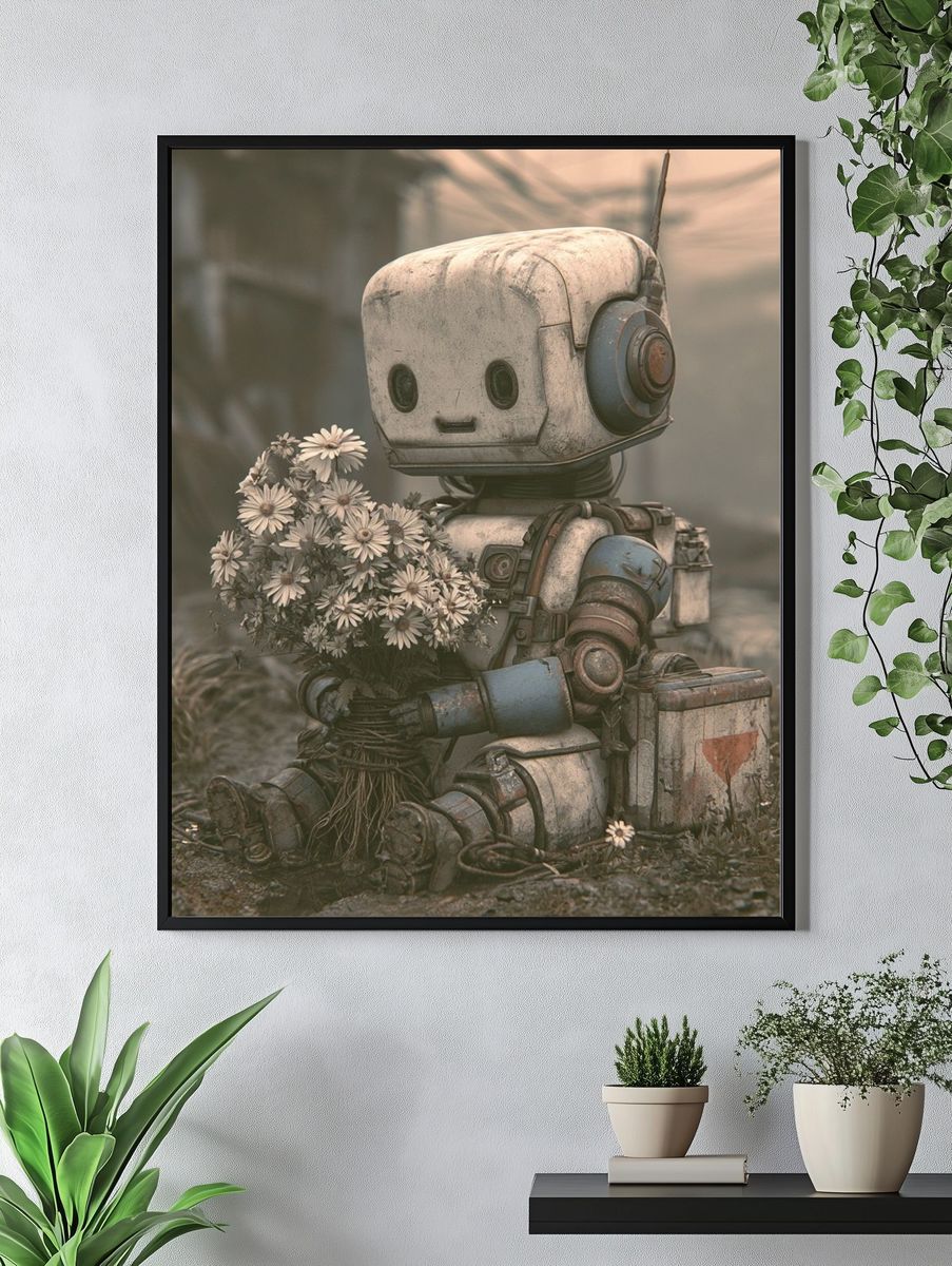 Robot with Flowers Illustration Poster. — room view 4