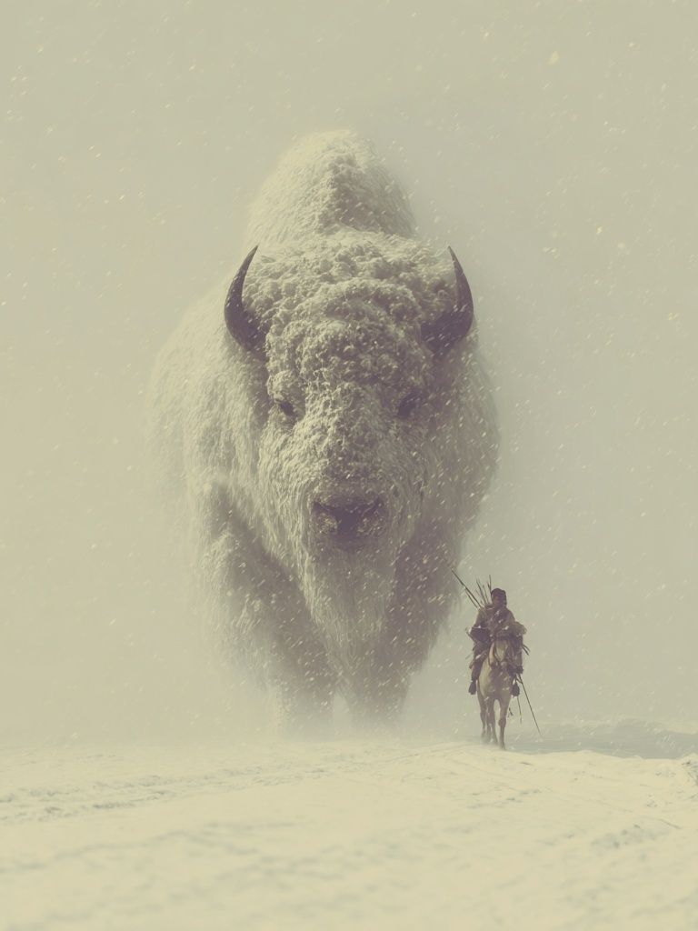 Snowy Buffalo Rider Fantasy Print. poster detail
