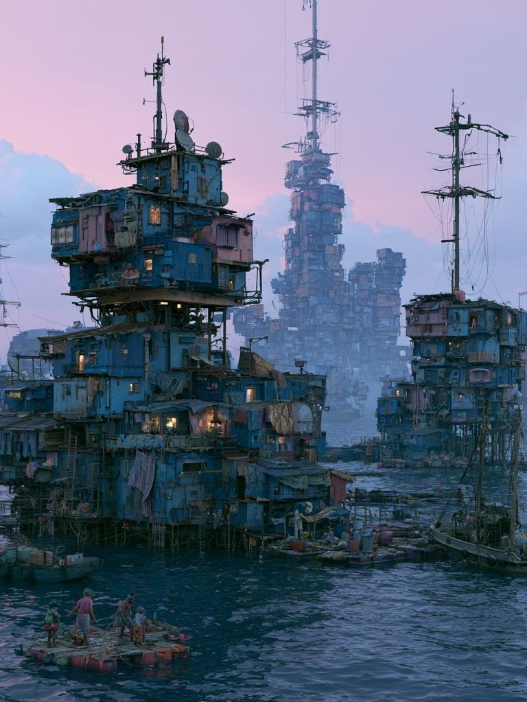 Floating Seastead Cityscape Print. poster — illustration art
