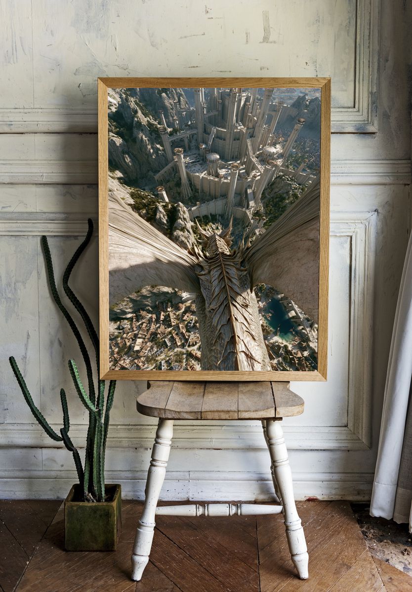 Dragon Over Citadel Fantasy Print. room preview