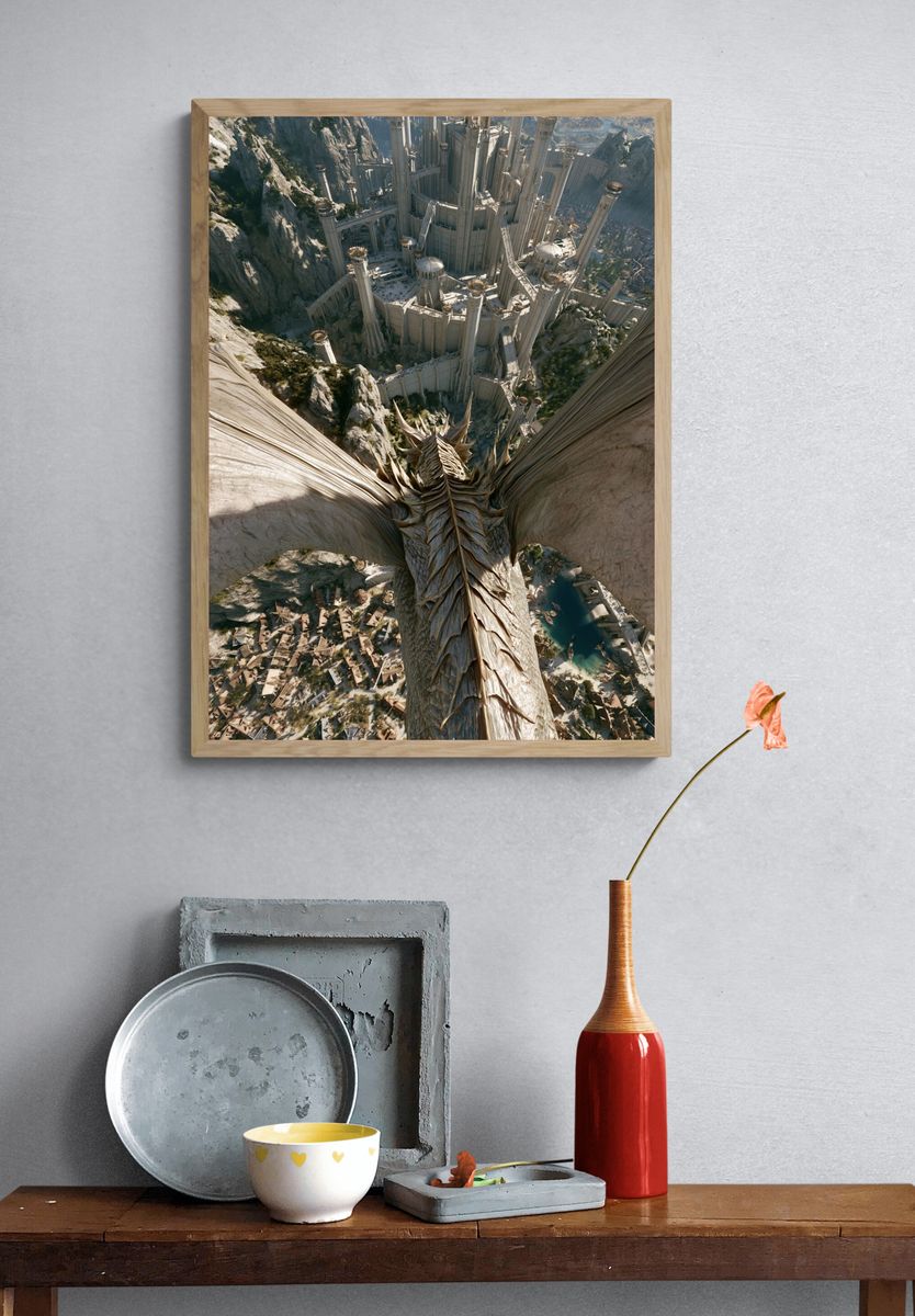Dragon Over Citadel Fantasy Print. — room view 3