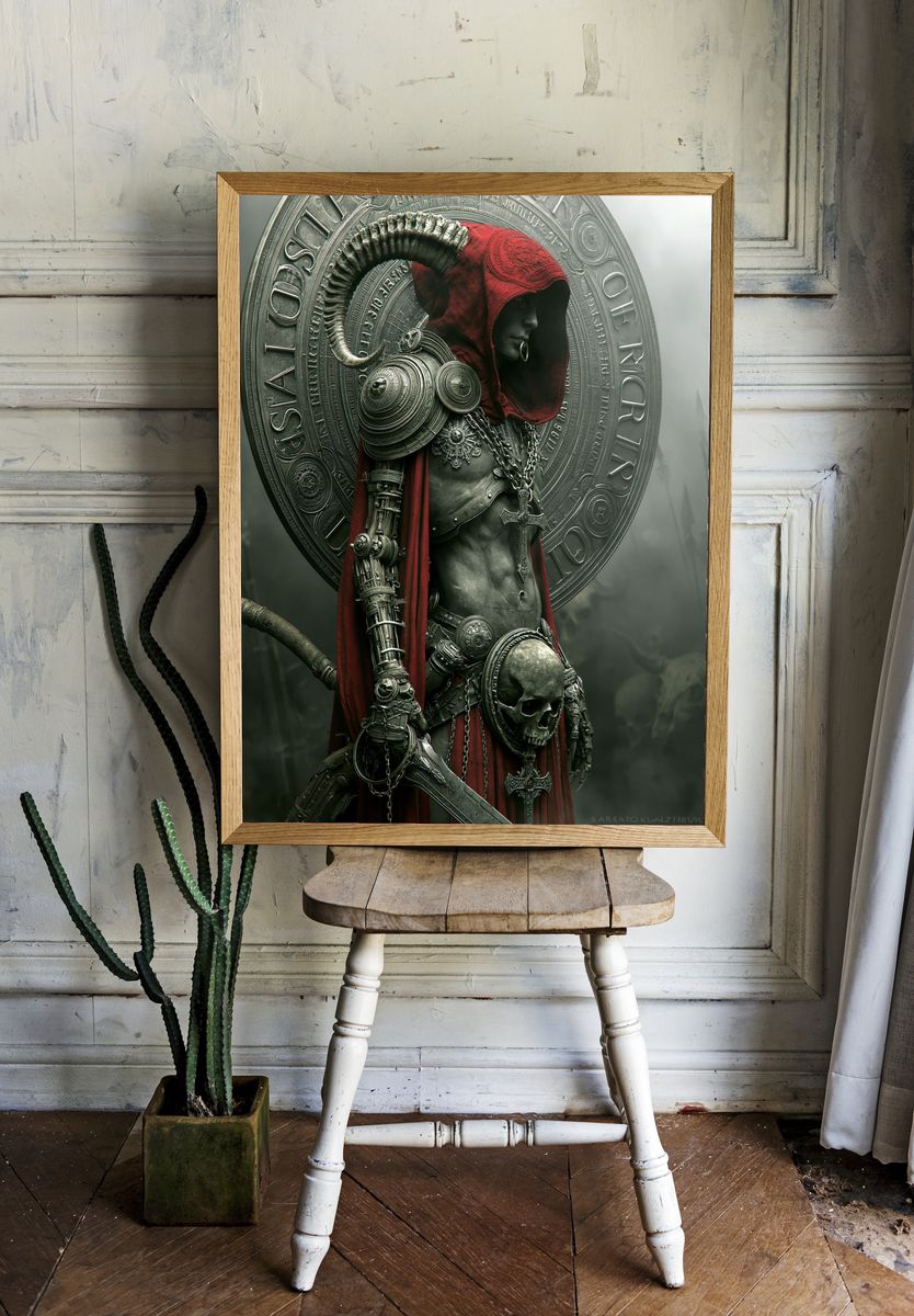 Dark Hooded Warrior Fantasy Print. room preview
