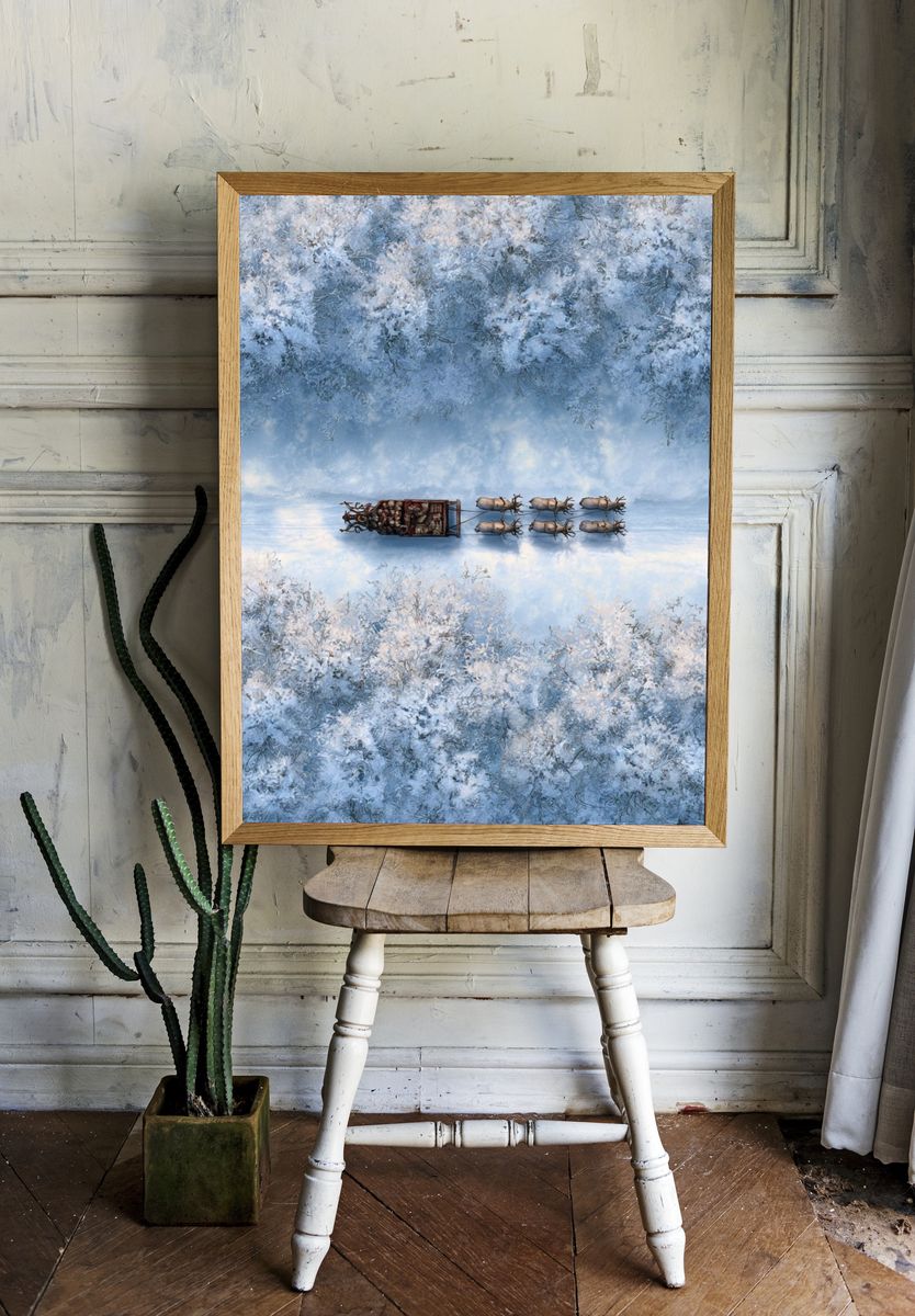 Winter Sleigh Over Snowy Forest Poster. room preview