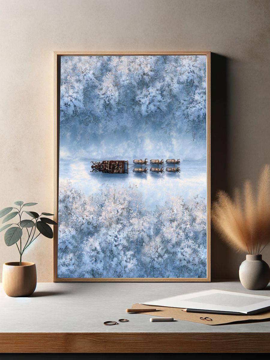 Winter Sleigh Over Snowy Forest Poster. — room view 2