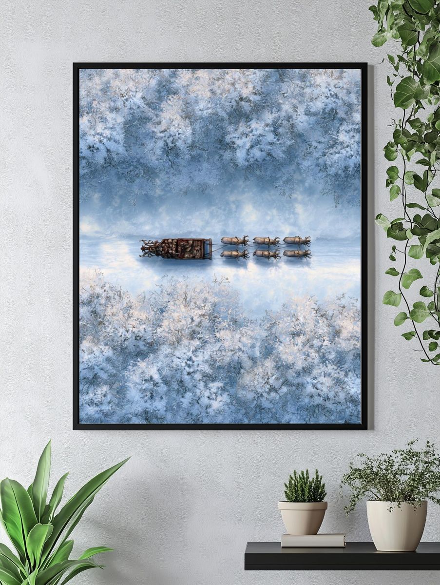 Winter Sleigh Over Snowy Forest Poster. — room view 4