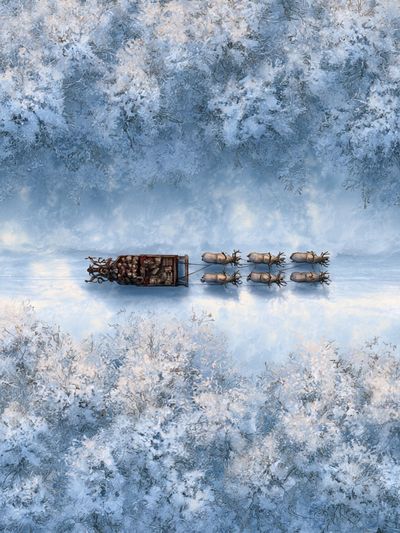 Winter Sleigh Over Snowy Forest Poster. poster