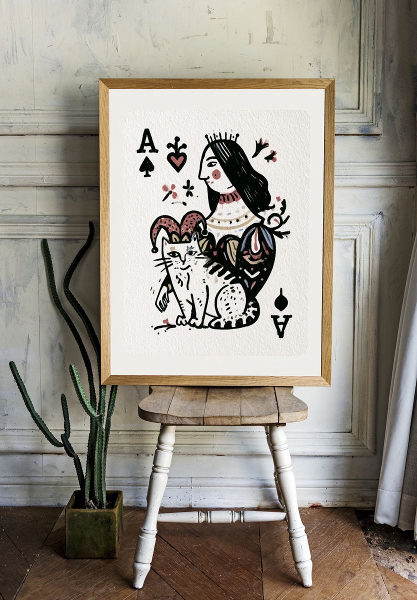 Queen of Spades Cat Illustration Poster. — room view 1