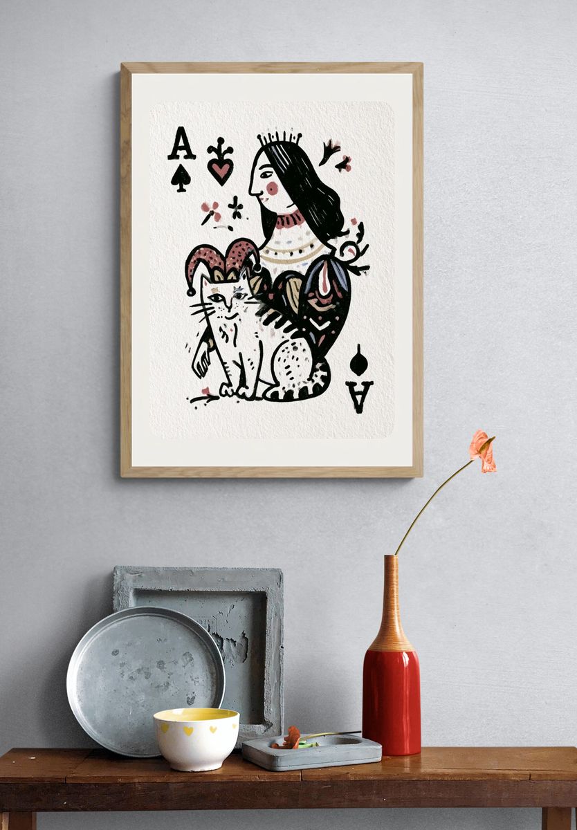 Queen of Spades Cat Illustration Poster. — room view 3