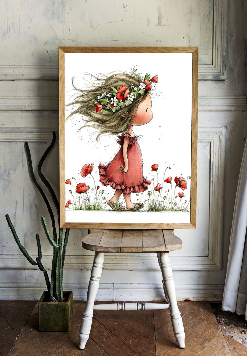 Flower Crown Girl Watercolor Print. room preview