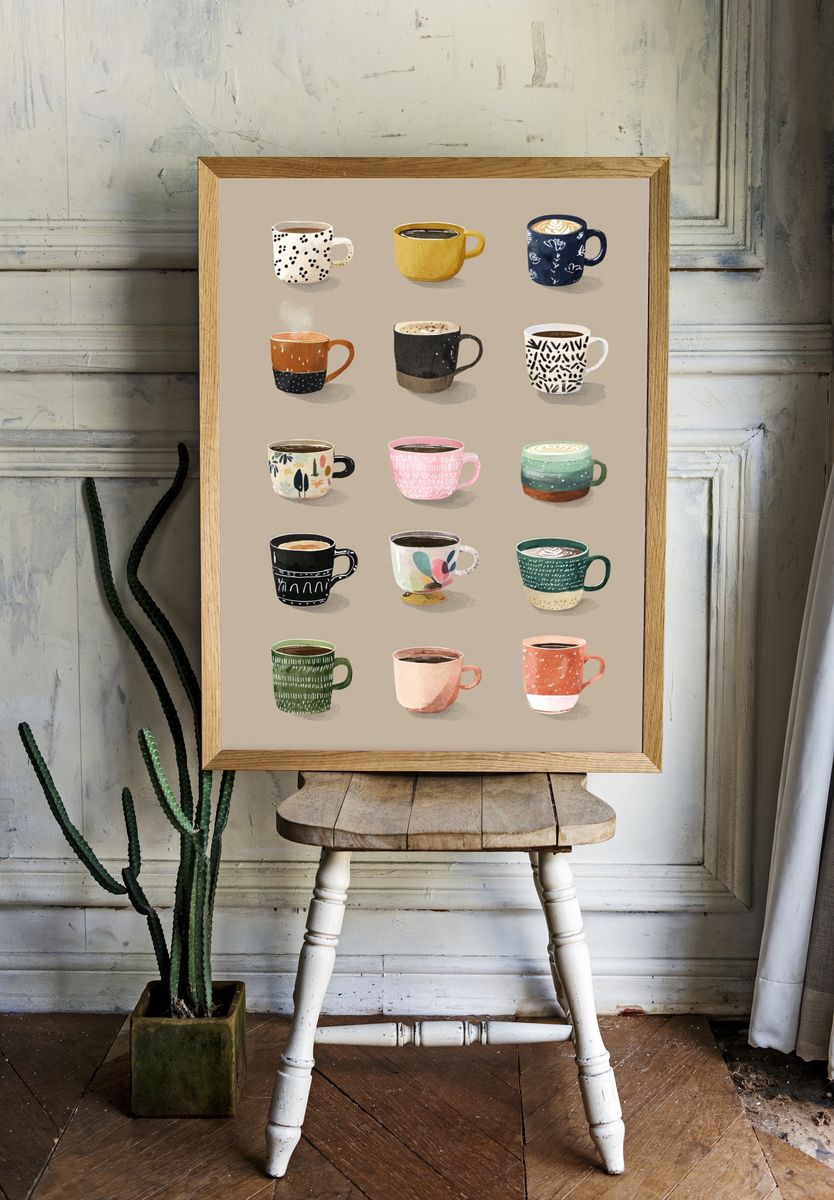 Patterned Coffee Mugs Illustration Poster. — room view 1