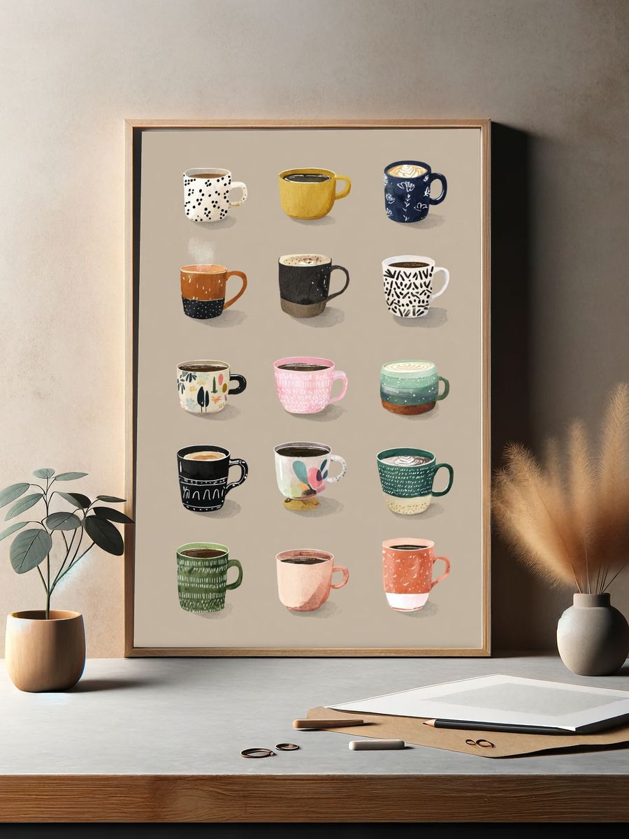 Patterned Coffee Mugs Illustration Poster. — room view 2