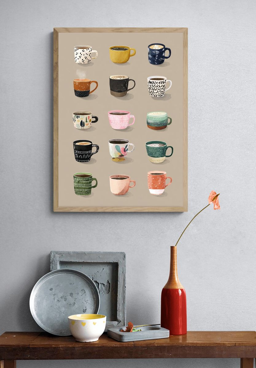 Patterned Coffee Mugs Illustration Poster. — room view 3