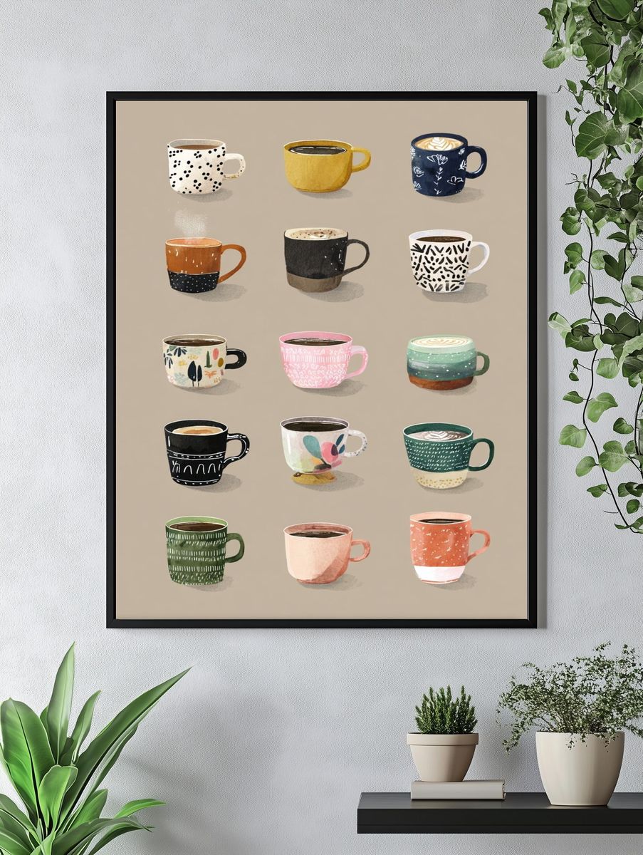 Patterned Coffee Mugs Illustration Poster. — room view 4