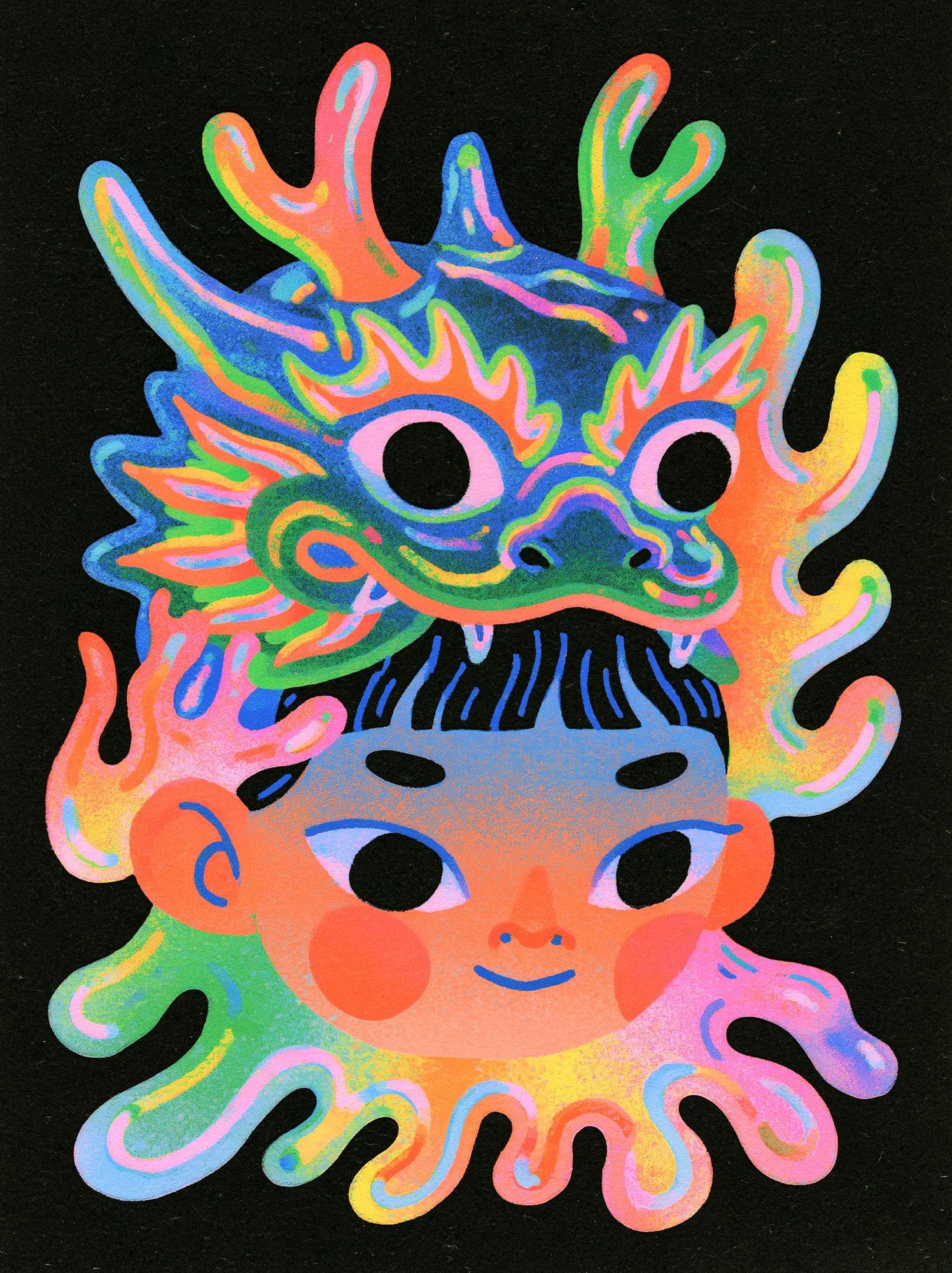 Neon Dragon Mask Illustration Poster. poster detail