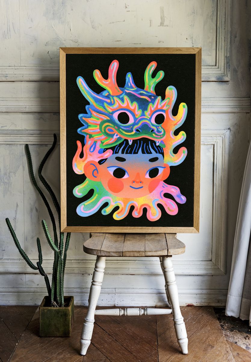 Neon Dragon Mask Illustration Poster. — room view 1