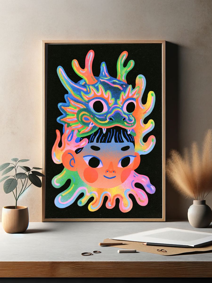 Neon Dragon Mask Illustration Poster. — room view 2