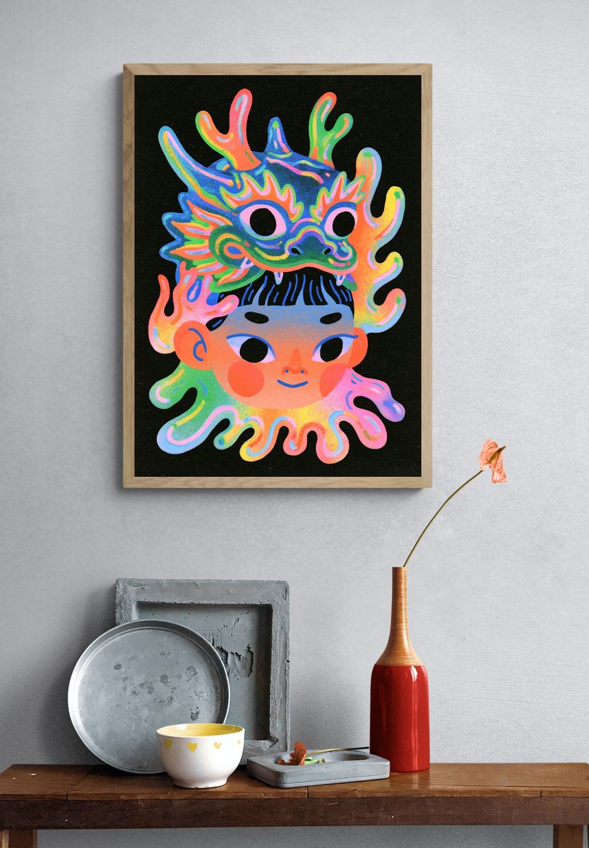 Neon Dragon Mask Illustration Poster. — room view 3