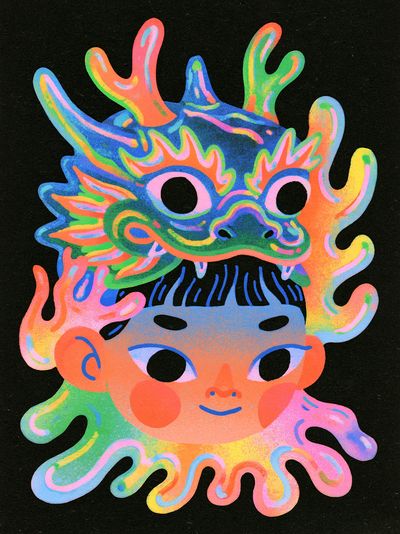 Neon Dragon Mask Illustration Poster. poster