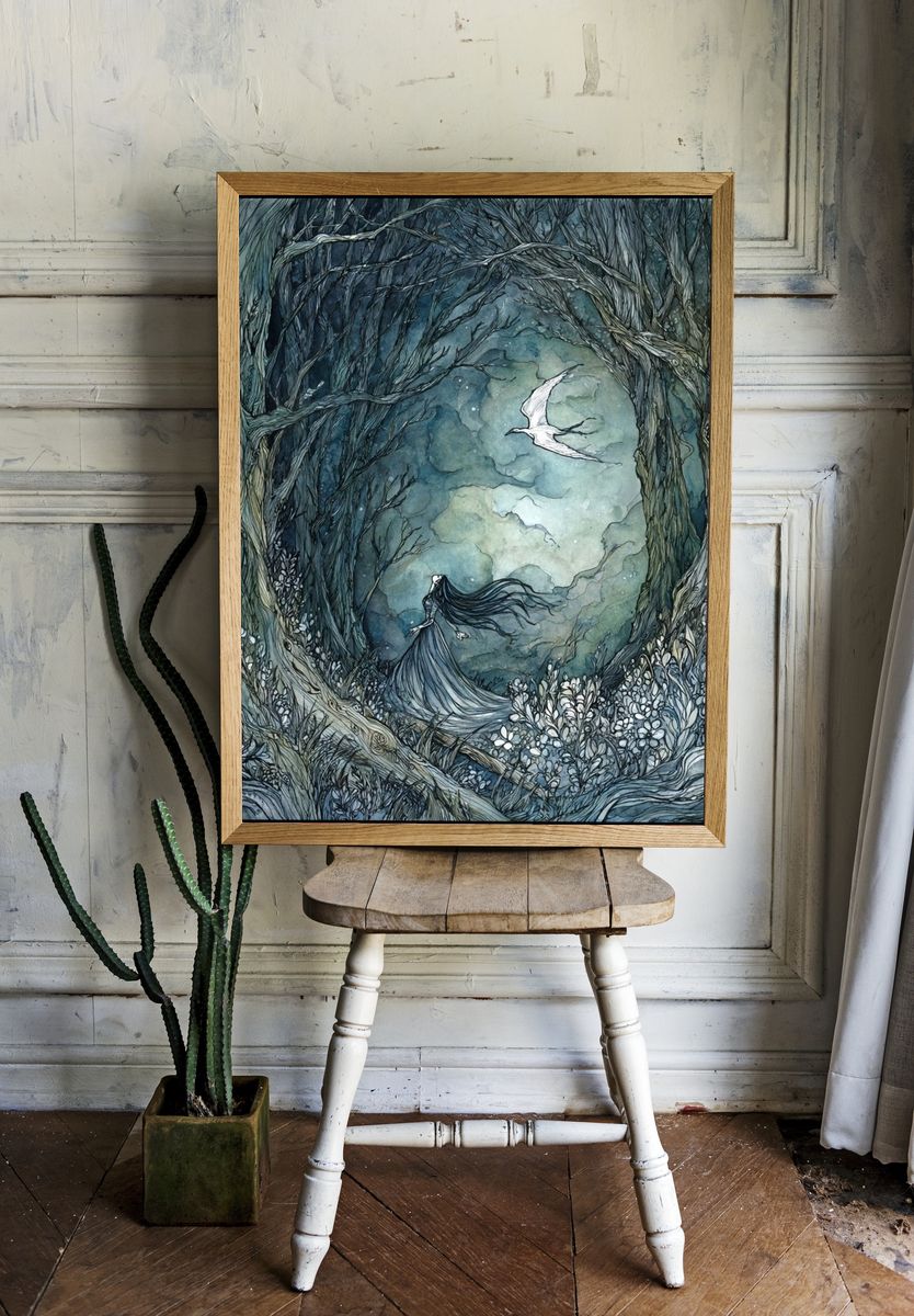 Moonlit Forest Spirit Illustration Poster. — room view 1