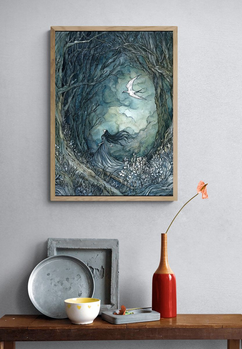 Moonlit Forest Spirit Illustration Poster. — room view 3