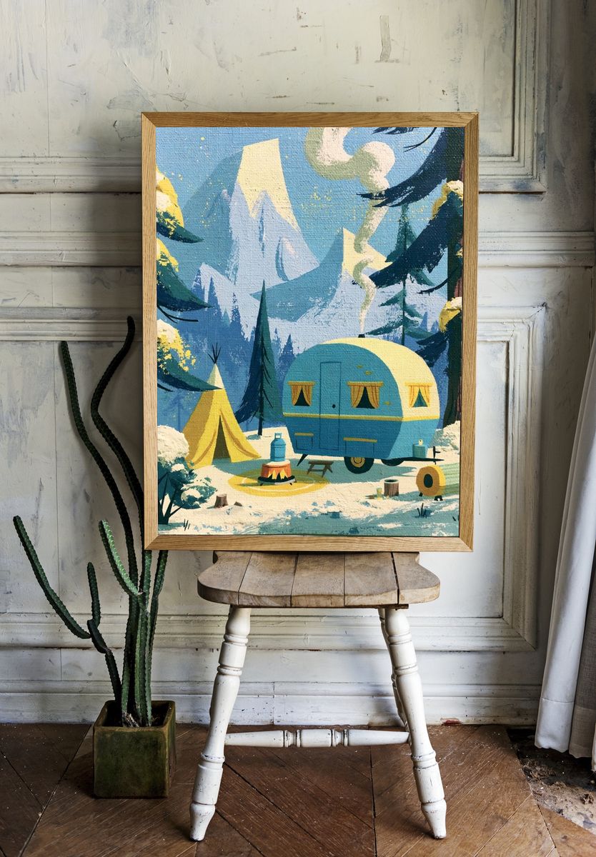 Snowy Mountain Camp Illustration Poster. — room view 1